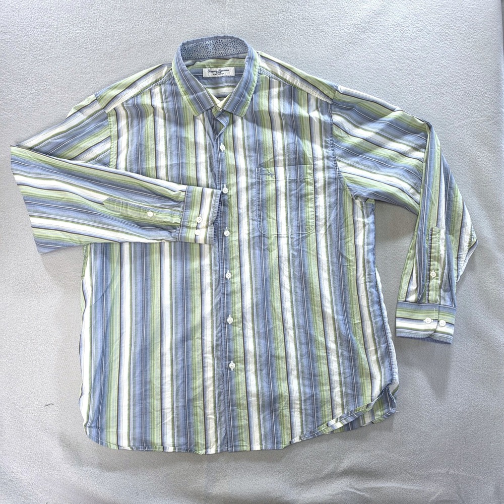 Tommy Bahama Coastal Resort Striped Shirt Large Pima Cotton Preppy Blue Green
